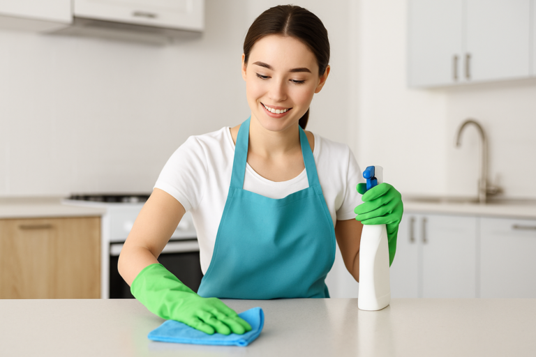 Professional cleaner wiping kitchen counter in a modern home, representing high-quality cleaning services in Jacksonville fl.