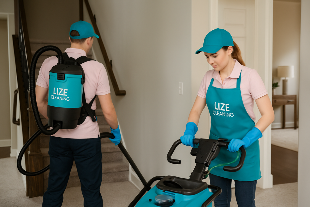 Lize Cleaning staff using professional-grade equipment to perform deep cleaning in a residential setting.
