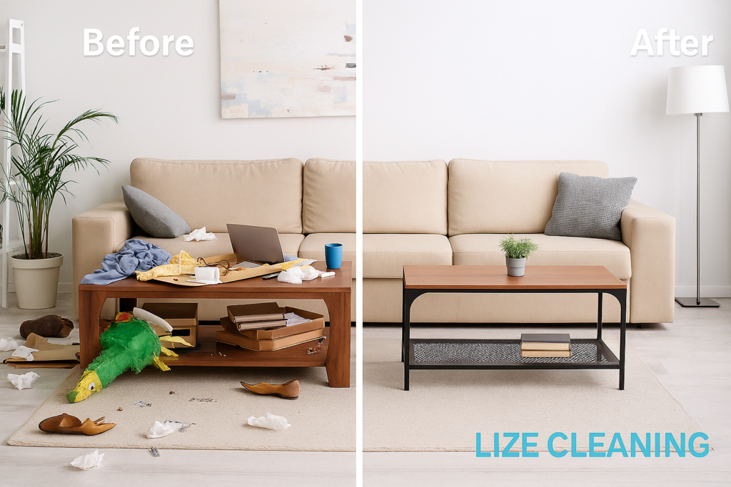 Side-by-side comparison of a messy and clean living room after Lize Cleaning's professional services.